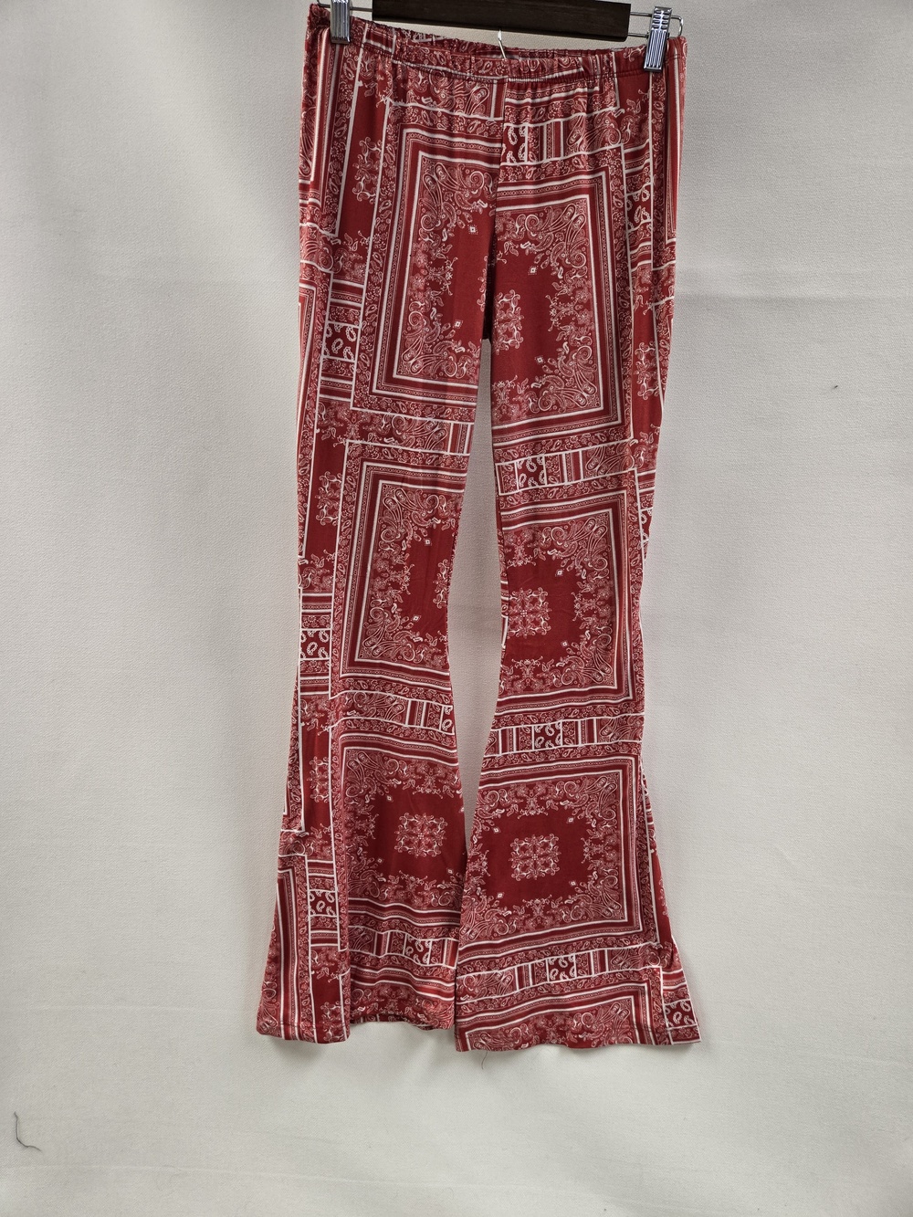 Rue21 Pants Womens Medium Red White Paisley Flare Bell Bottom Boho Stretch